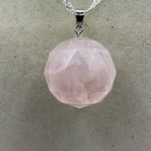 SOLD Rose Quartz 3D Round Pendant on Sterling Silver Chain - Picture 10 of 13